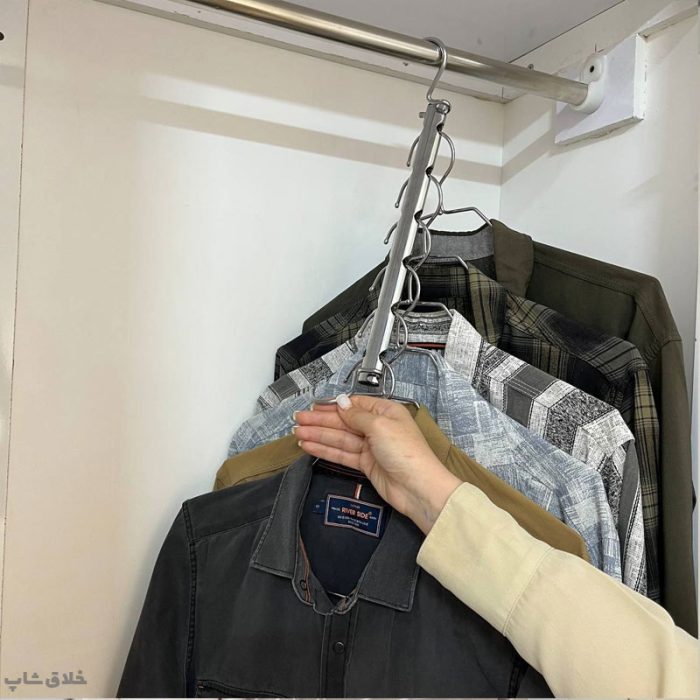 آویز لباس 6 قلاب برای پیراهن و کت و پالتو با 6 عدد چوب لباسی فلزی مدل کمان